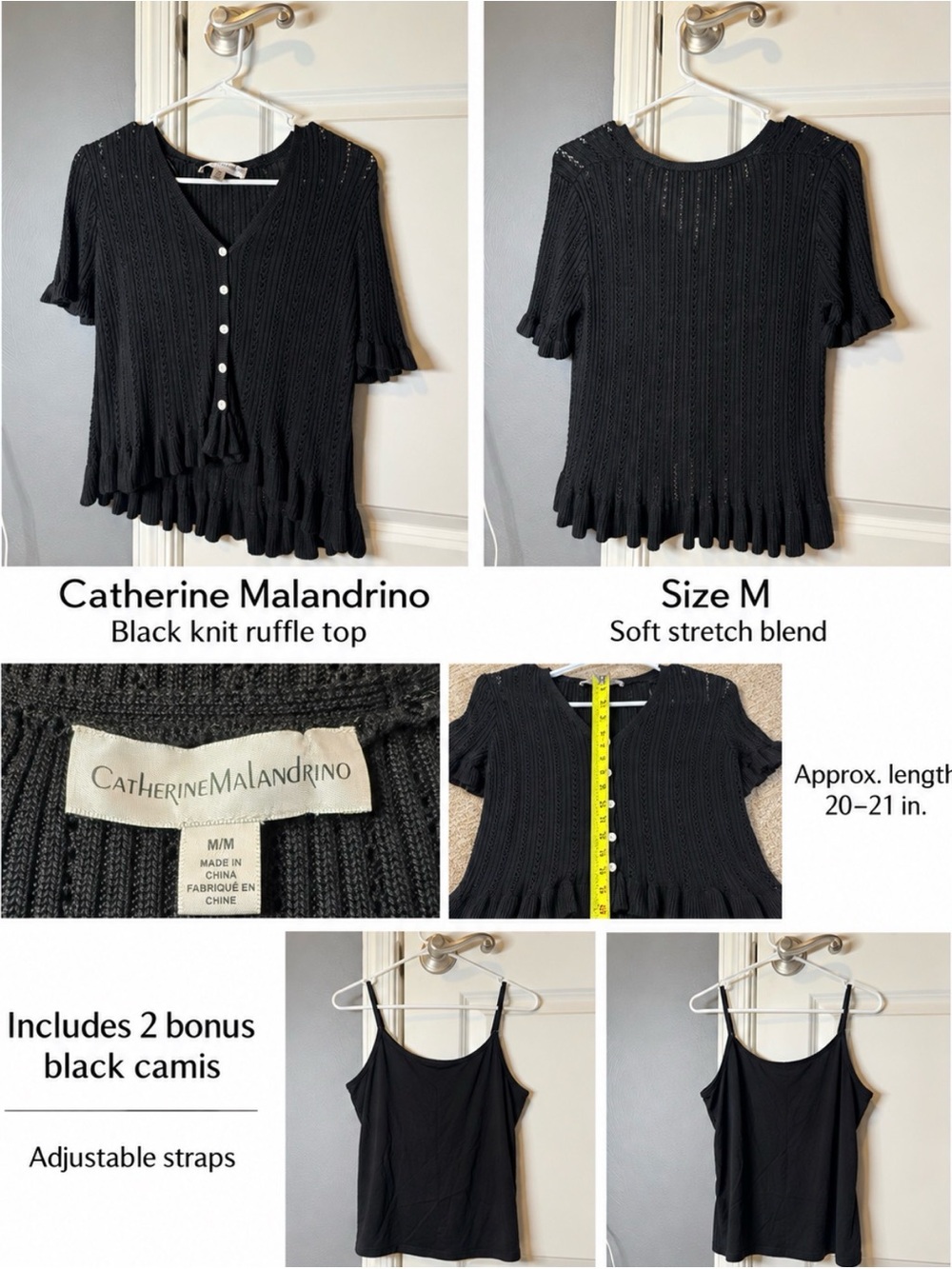 Catherine Malandrino Black Knit Ruffle Top Size M + 2 Bonus Black Camis